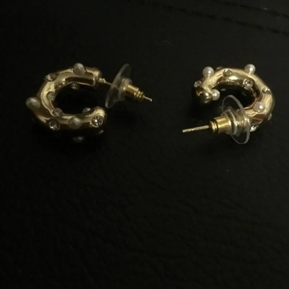 Gold Cuff Rhinestone Pearl Stainless Steel Shiny Inlaid Hoop Earrings